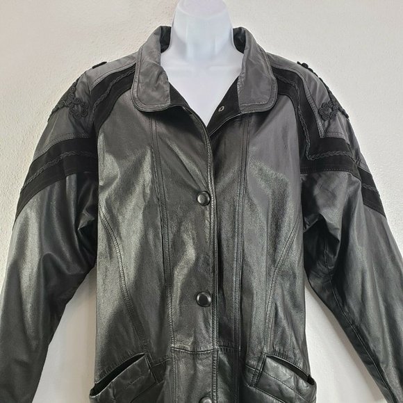 Womens‎ Vintage Black Genuine Leather Winlit short Trench Coat Jacket Medium Y2K - Picture 3 of 12